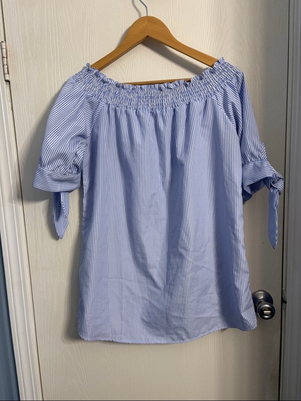 J for Justify Light Blue and White Striped Off-Shoulder Tie-Sleeve Top - Picture 7 of 8